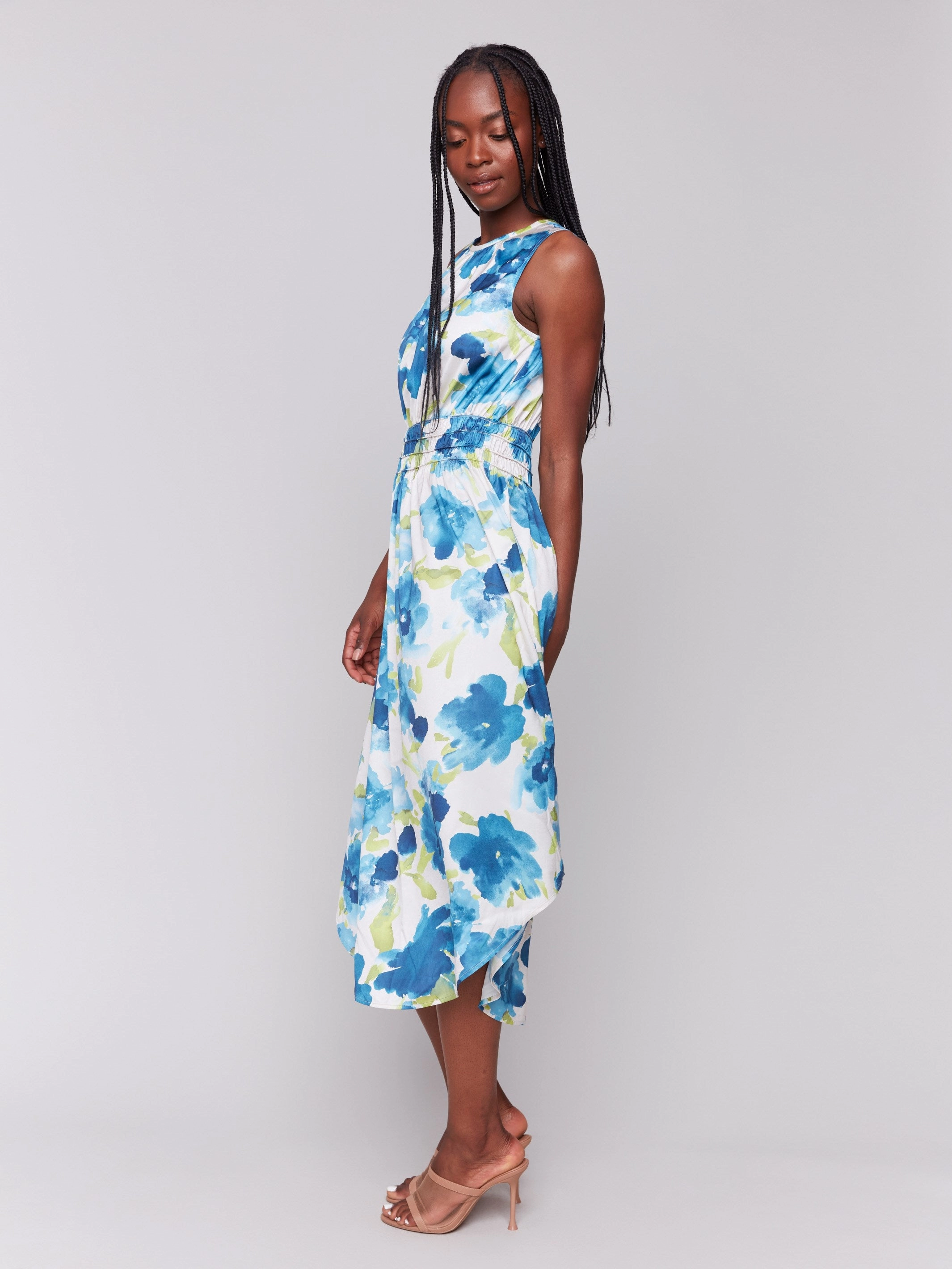 Printed Sleeveless Flowy Satin Dress - Lime