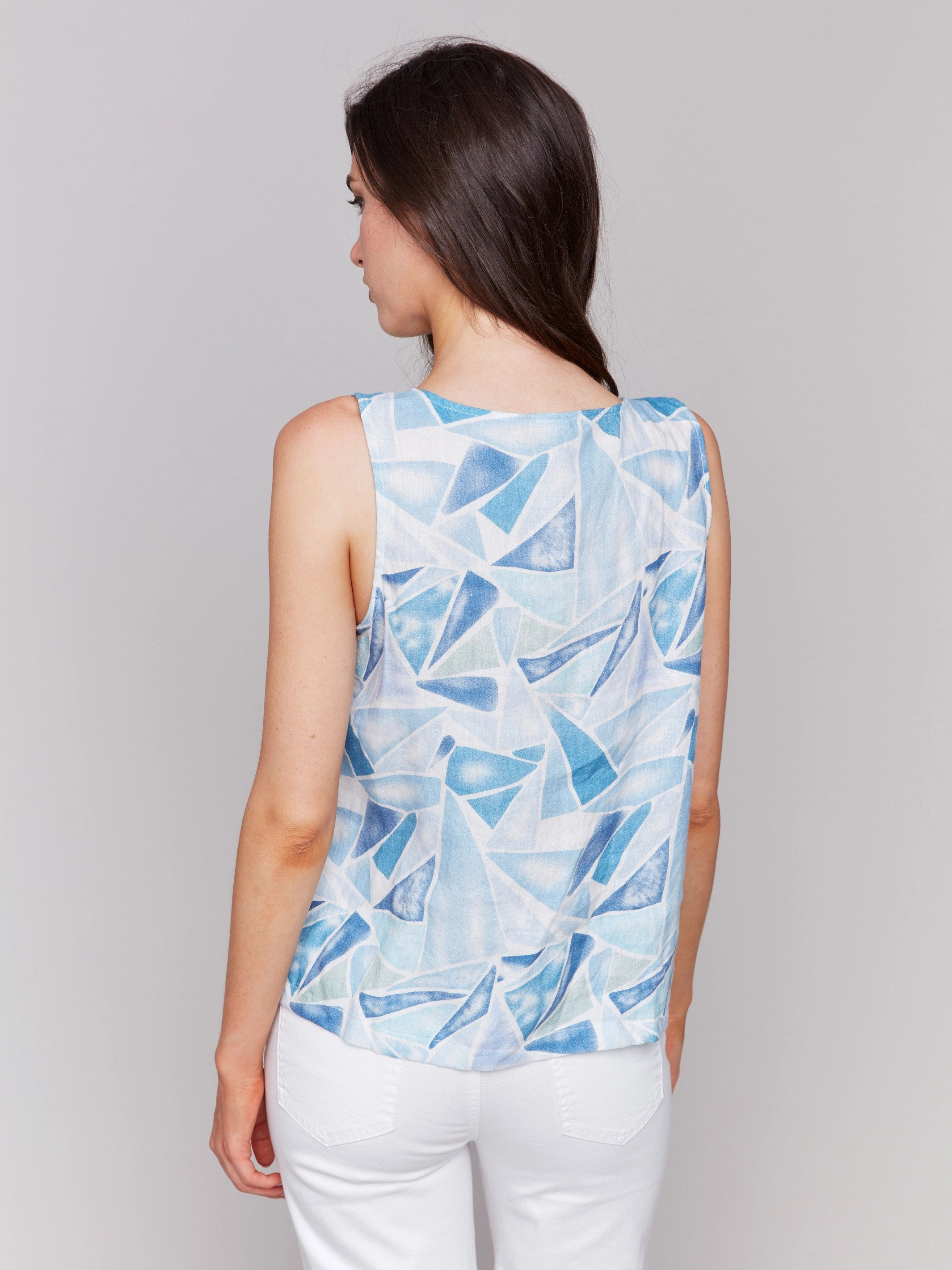 Printed Sleeveless Linen Blend Top with Slit - Denim
