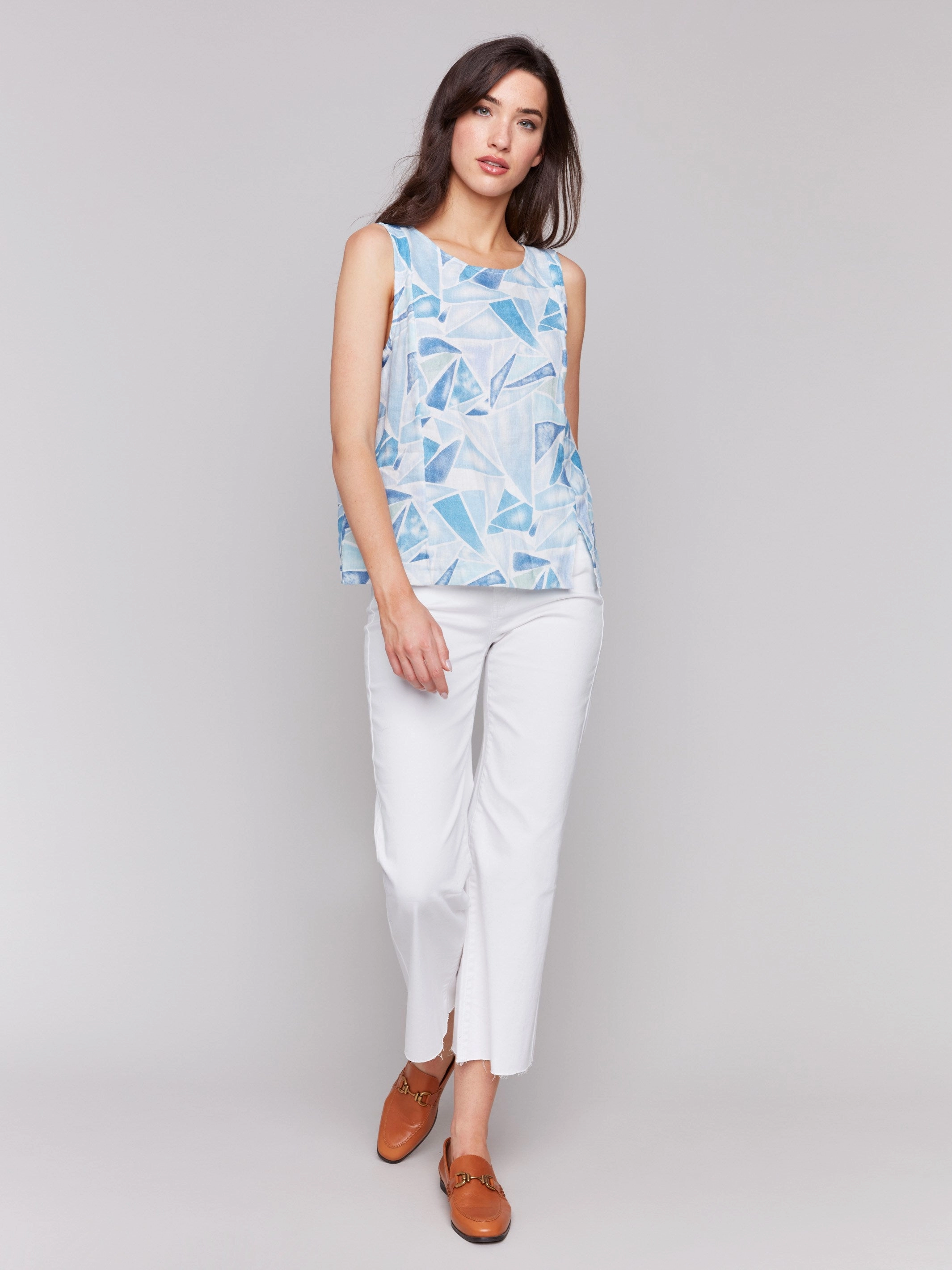Printed Sleeveless Linen Blend Top with Slit - Denim