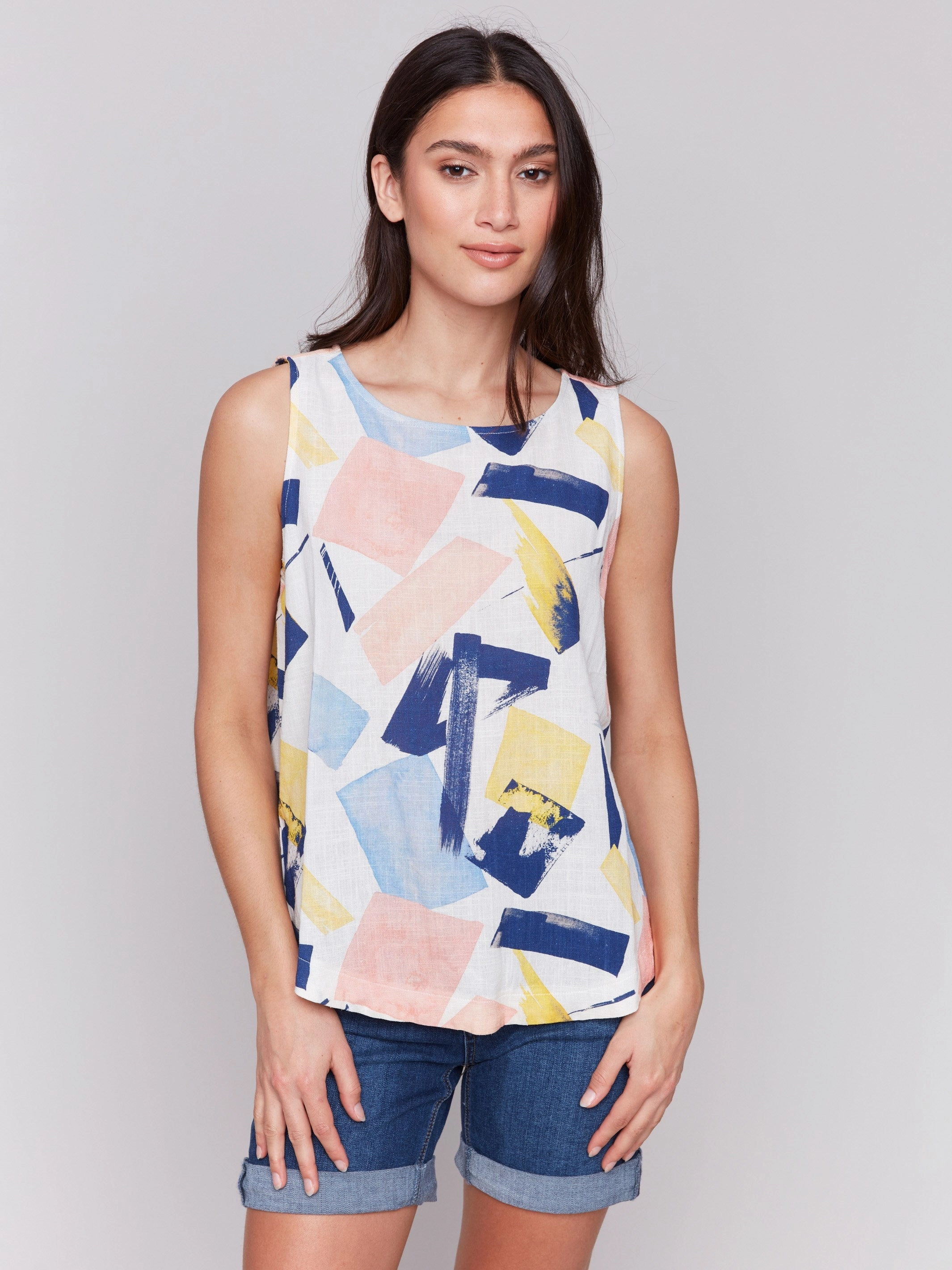 Printed Sleeveless Top with Rounded Hem - Abstract