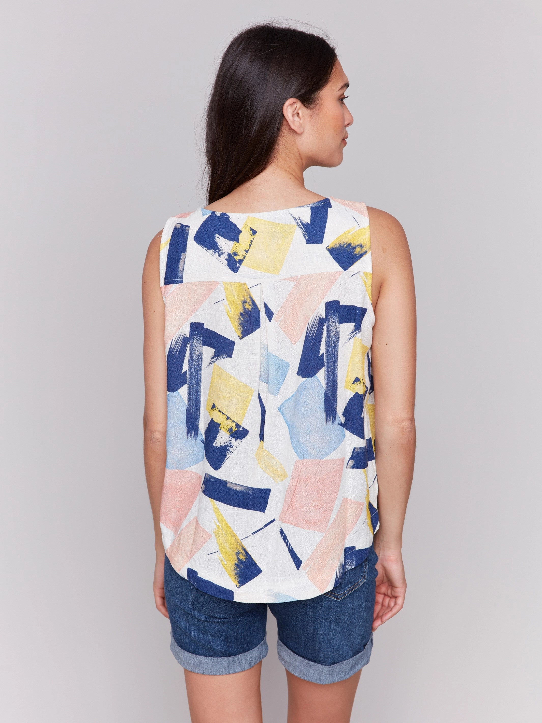 Printed Sleeveless Top with Rounded Hem - Abstract