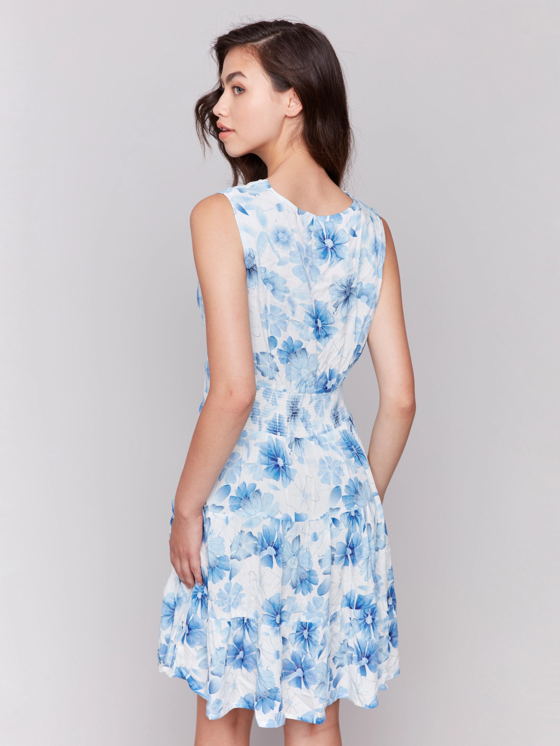 Printed Sleeveless V-Neck Tiered Dress - Celestial