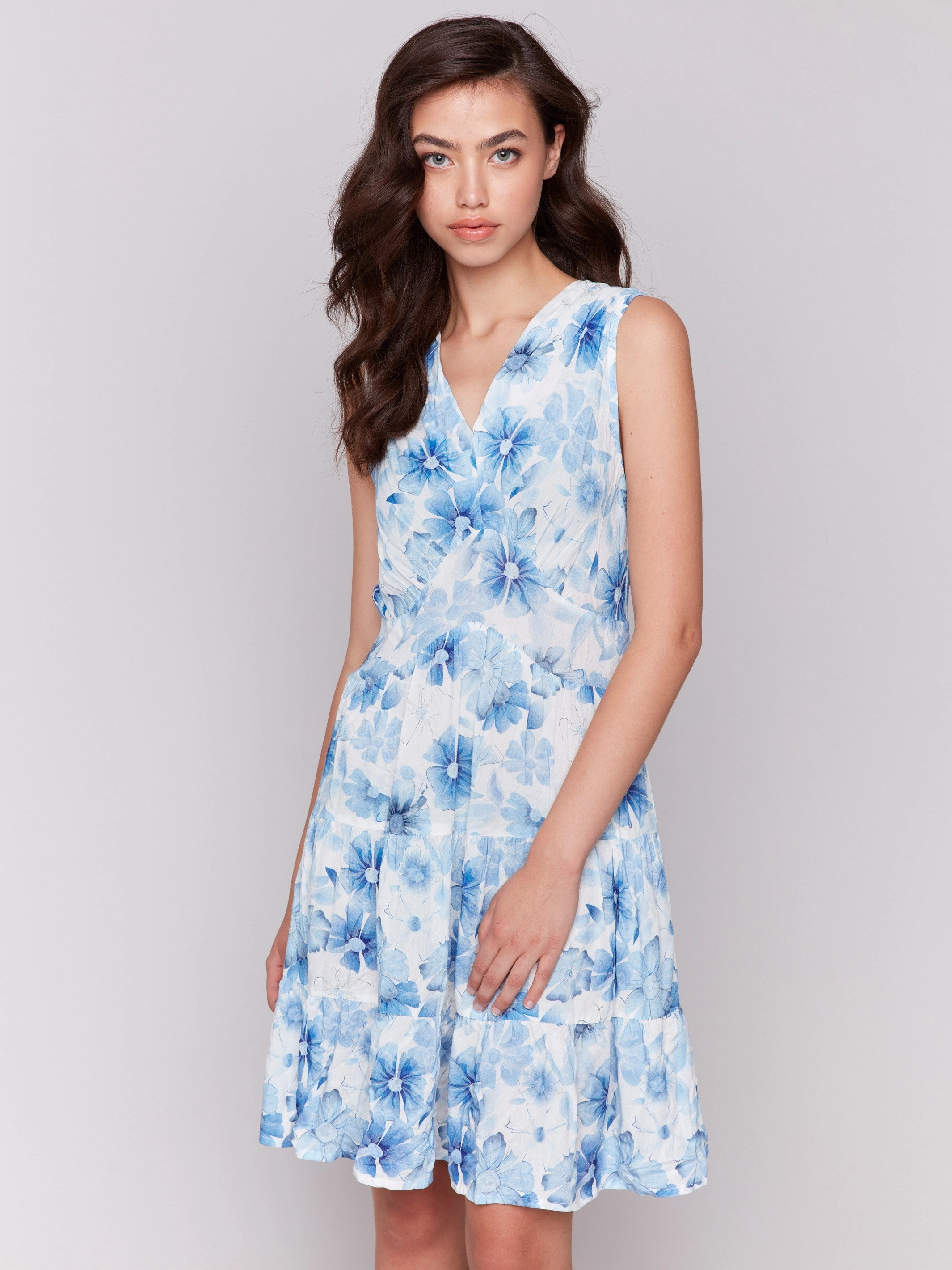 Printed Sleeveless V-Neck Tiered Dress - Celestial