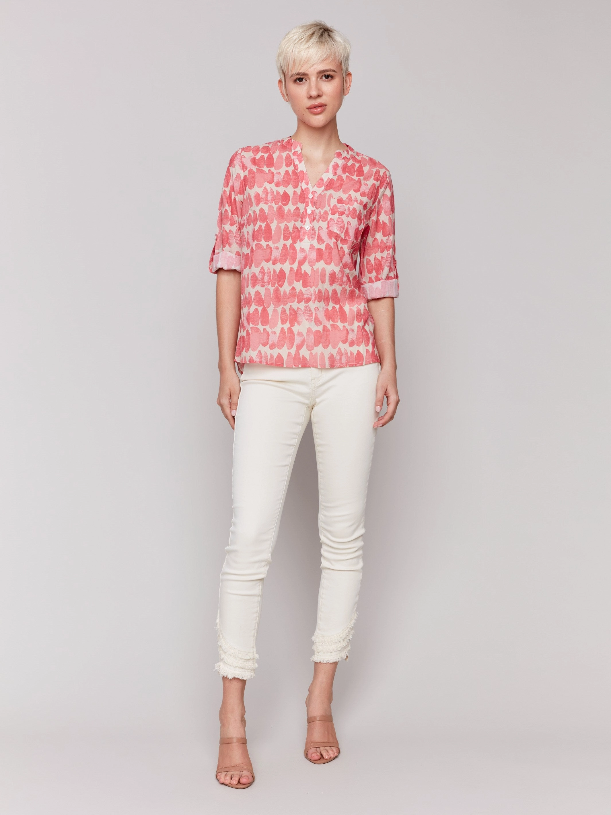 Printed Viscose Half-Button Blouse - Drops