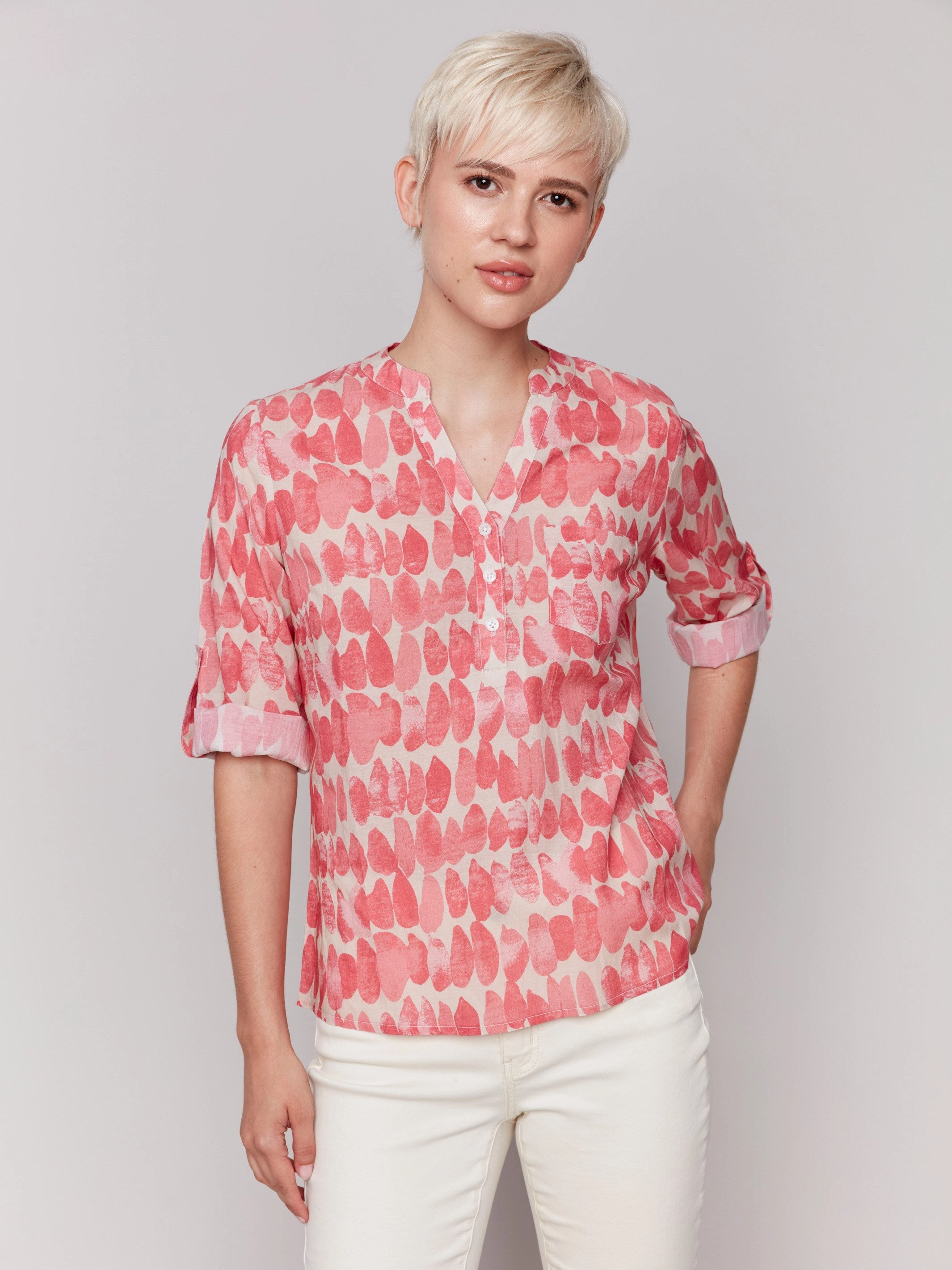 Printed Viscose Half-Button Blouse - Drops