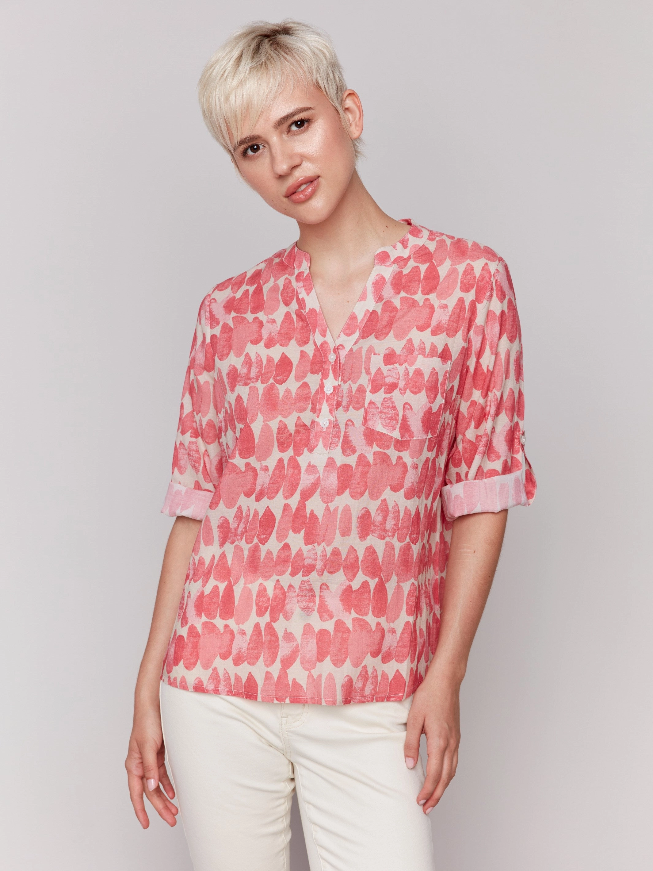 Printed Viscose Half-Button Blouse - Drops