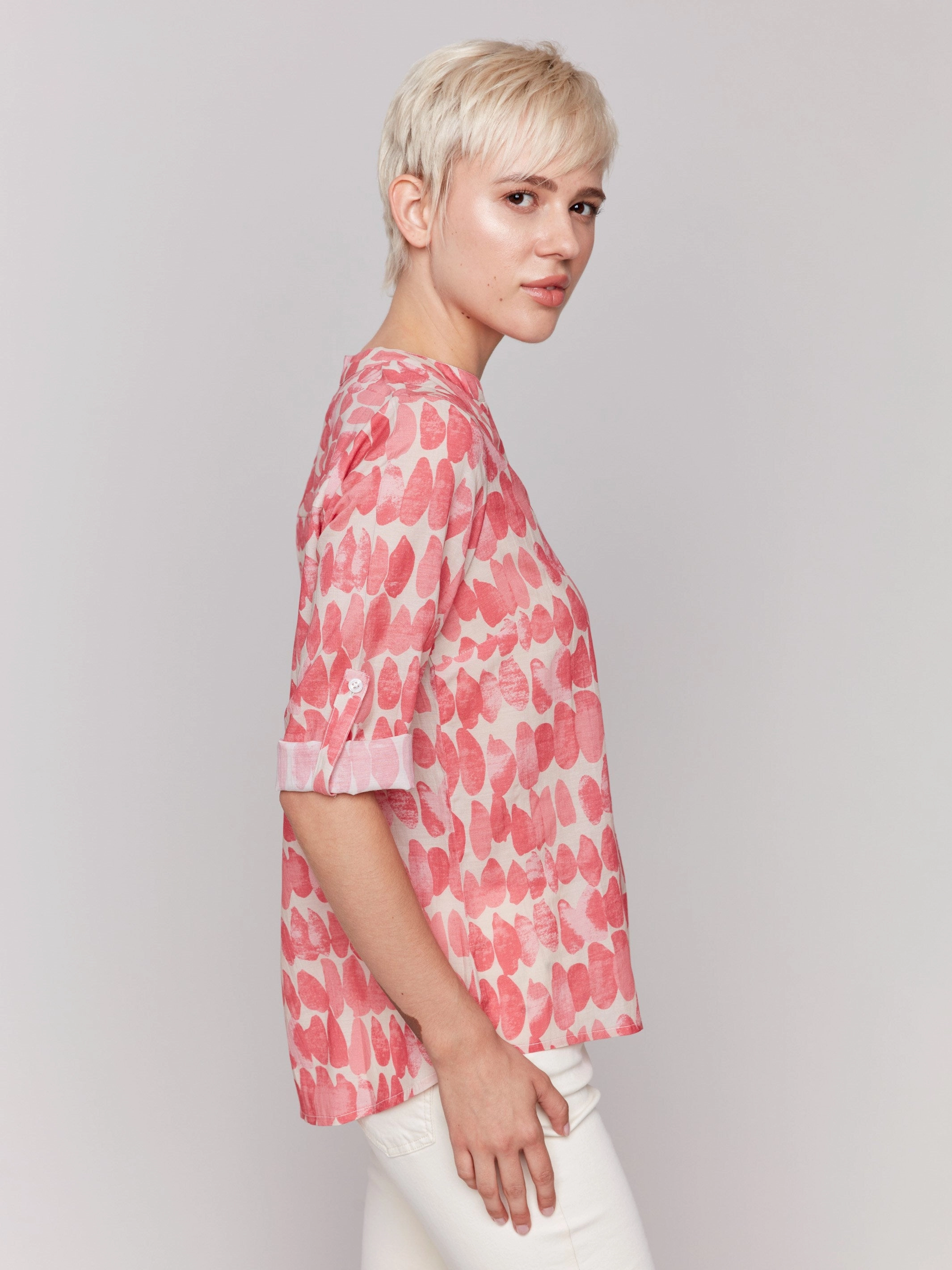 Printed Viscose Half-Button Blouse - Drops