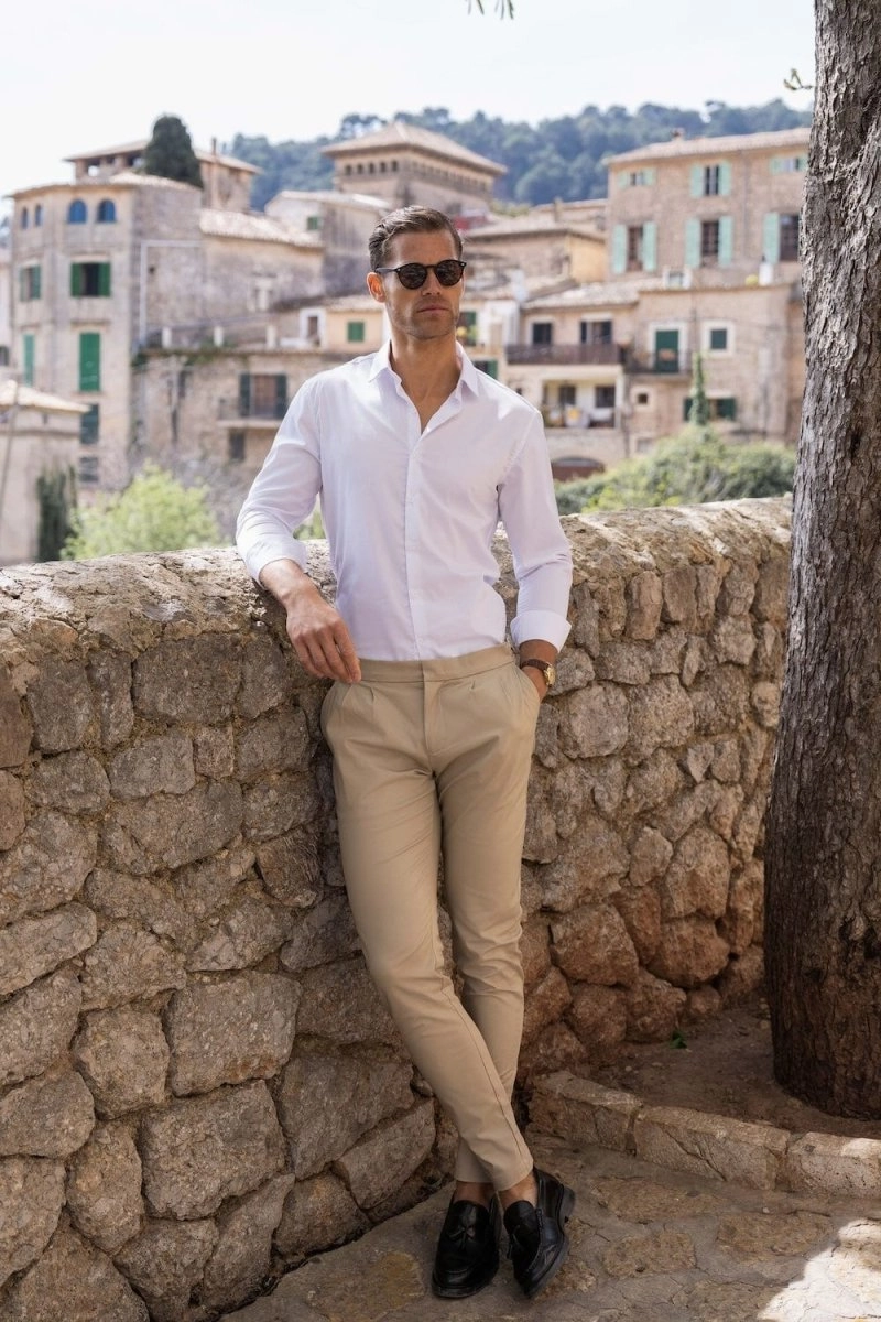 Smart Pleated Cotton Side Adjust Pants in Stone
