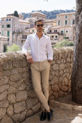 Smart Pleated Cotton Side Adjust Pants in Stone