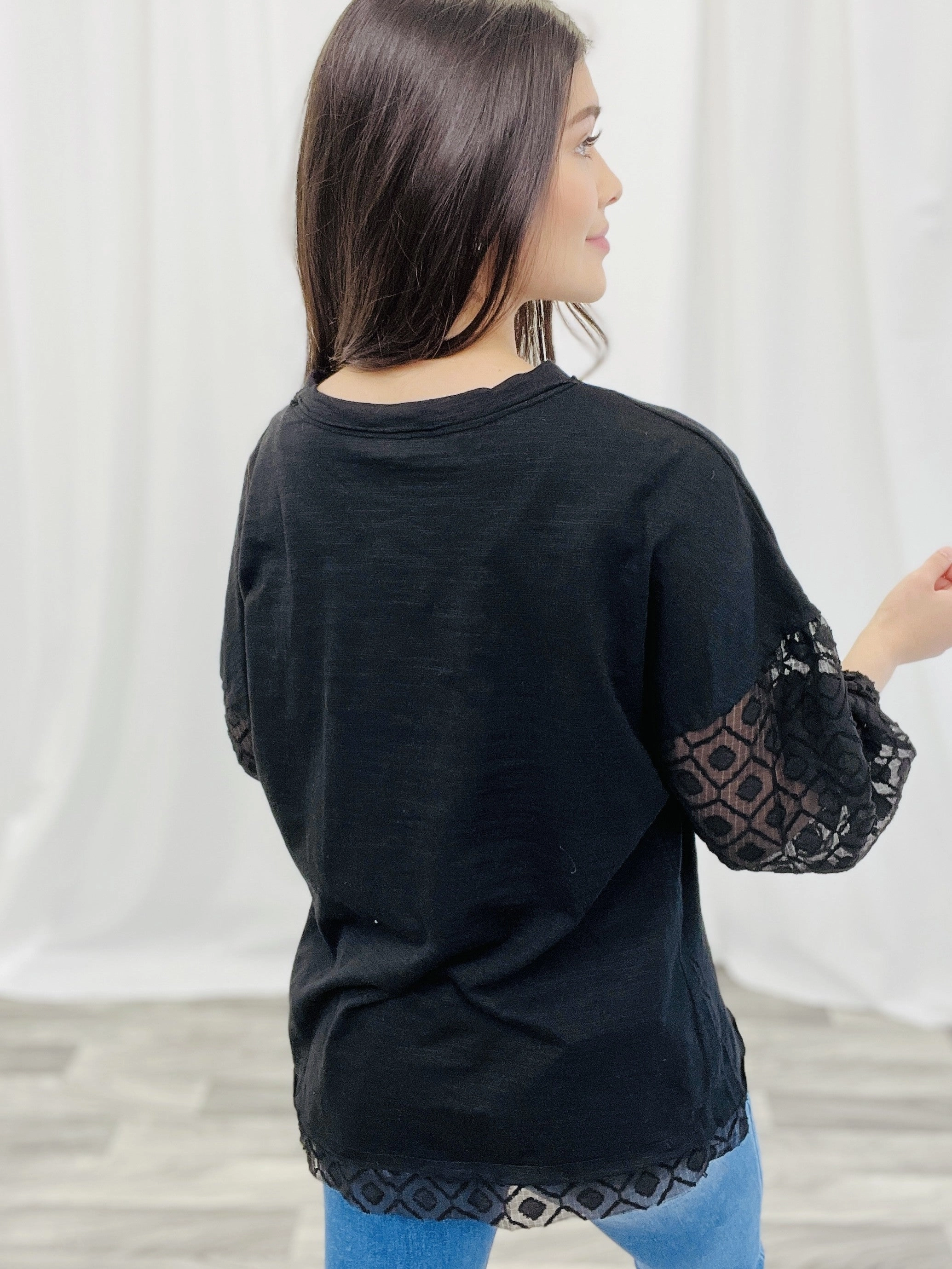 Solid Knit and Pattern Sheer Mixed Loose Top