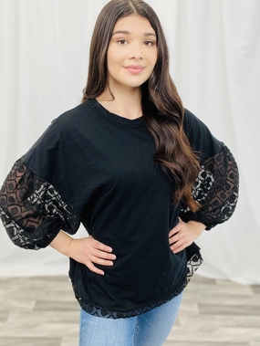 Solid Knit and Pattern Sheer Mixed Loose Top