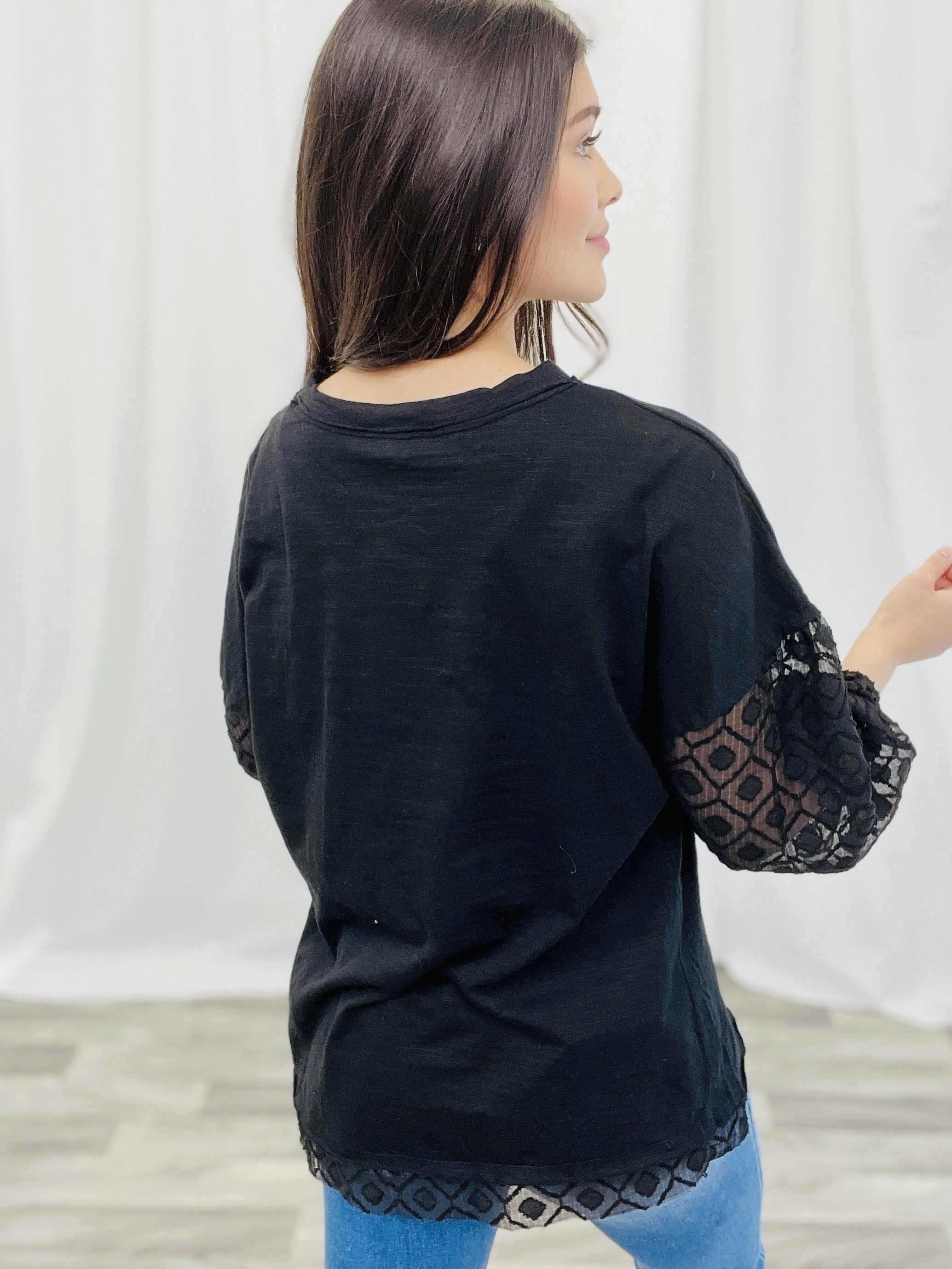 Solid Knit and Pattern Sheer Mixed Loose Top