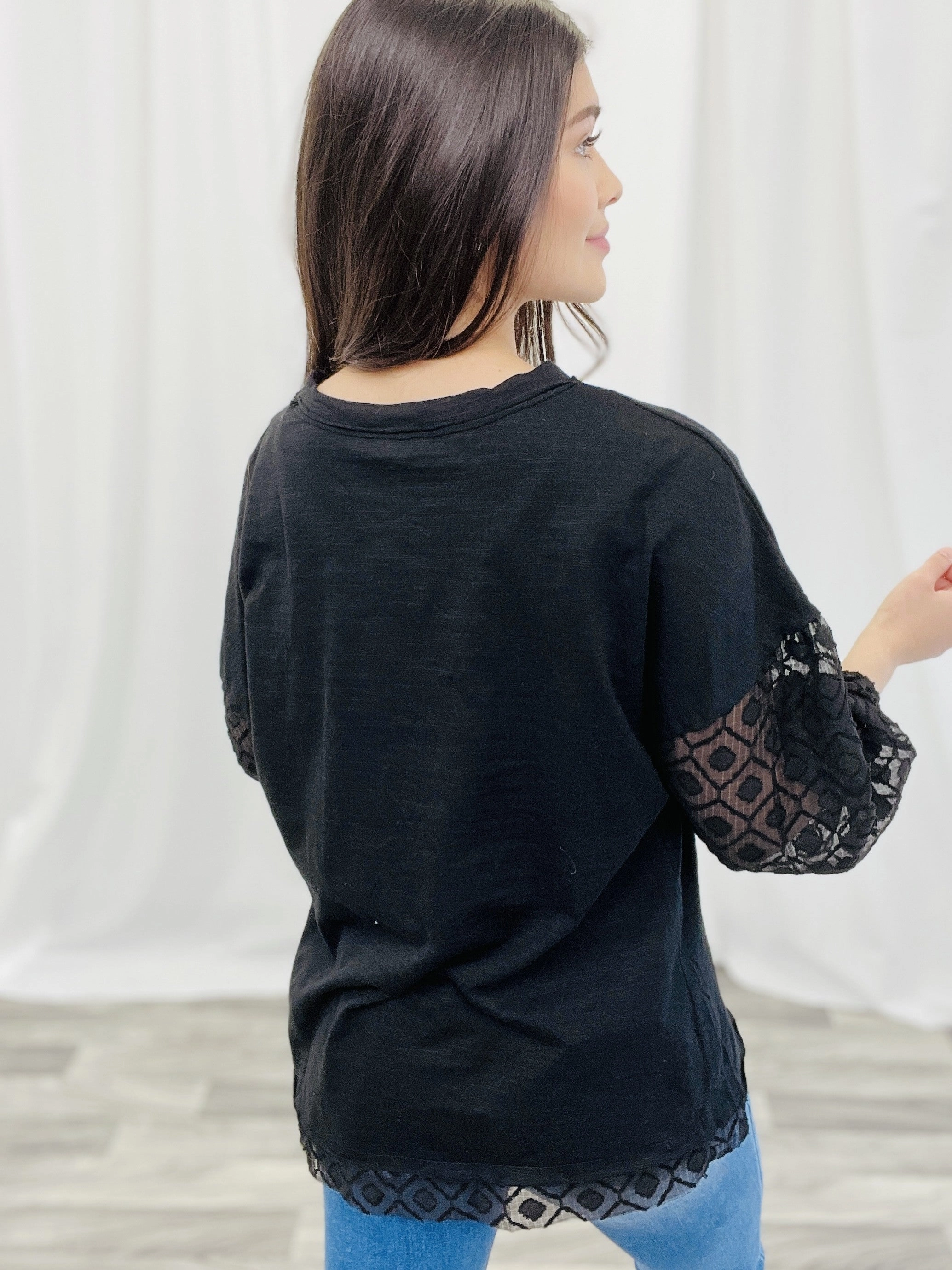 Solid Knit and Pattern Sheer Mixed Loose Top