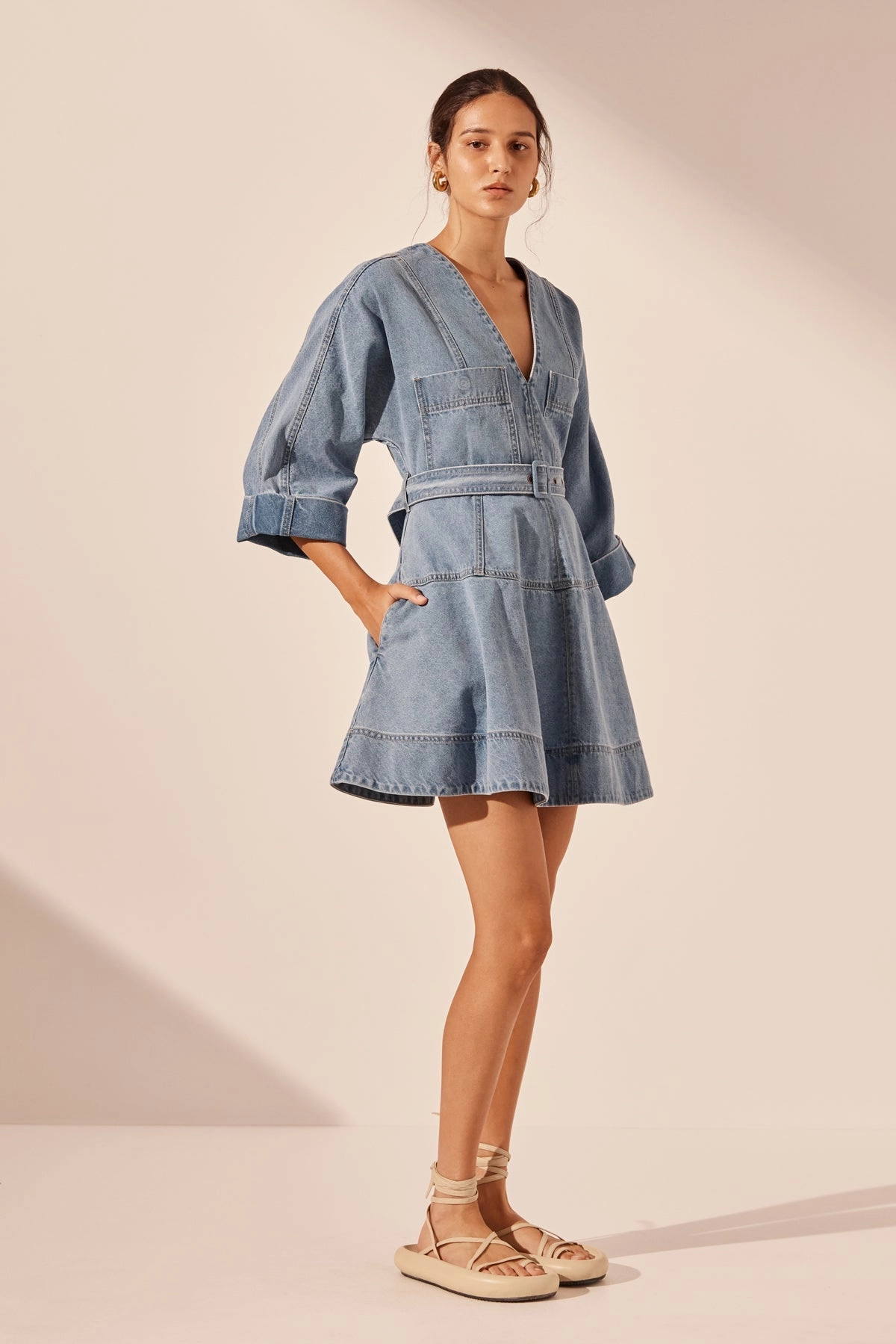 STELLA PATCH POCKET MINI DRESS - MID BLUE
