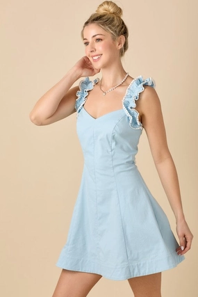 V-Neckline Fit And Flare Mini Dress With Ruffle