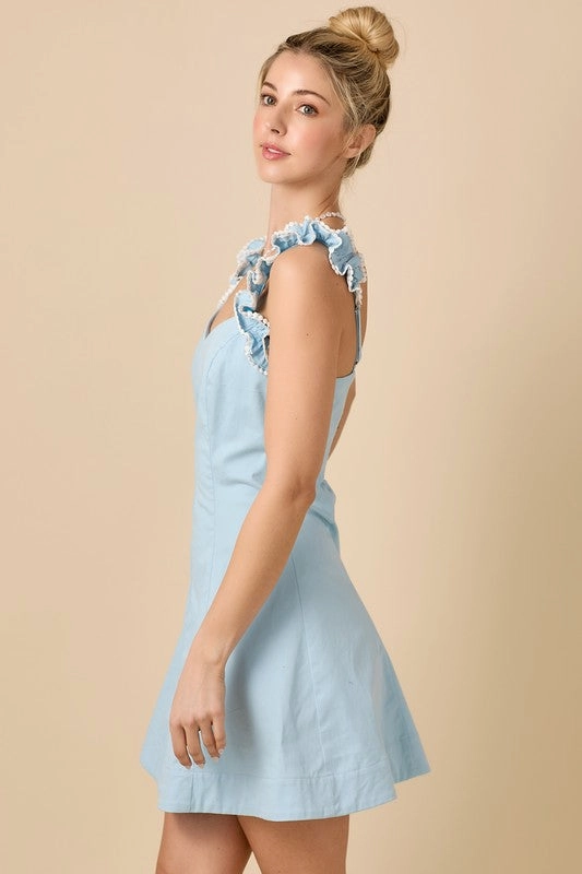 V-Neckline Fit And Flare Mini Dress With Ruffle