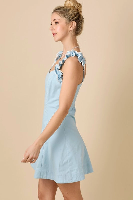 V-Neckline Fit And Flare Mini Dress With Ruffle
