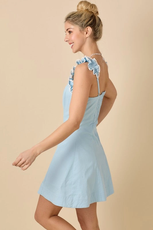 V-Neckline Fit And Flare Mini Dress With Ruffle