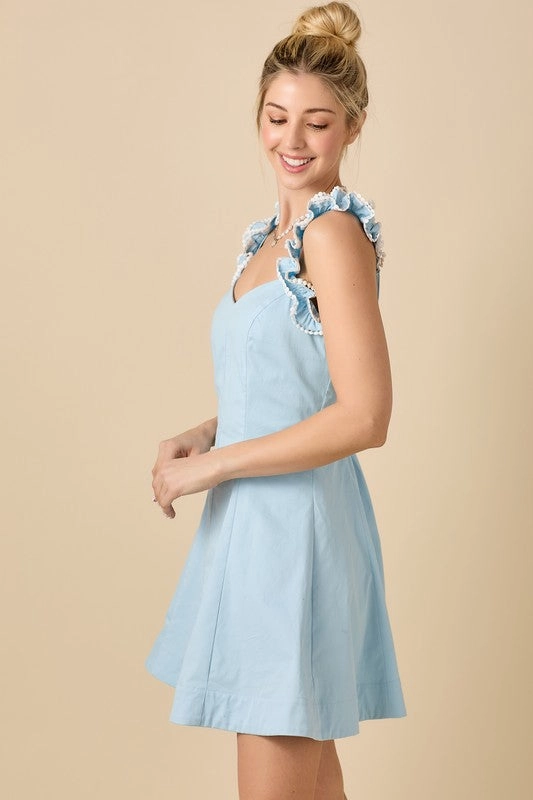 V-Neckline Fit And Flare Mini Dress With Ruffle