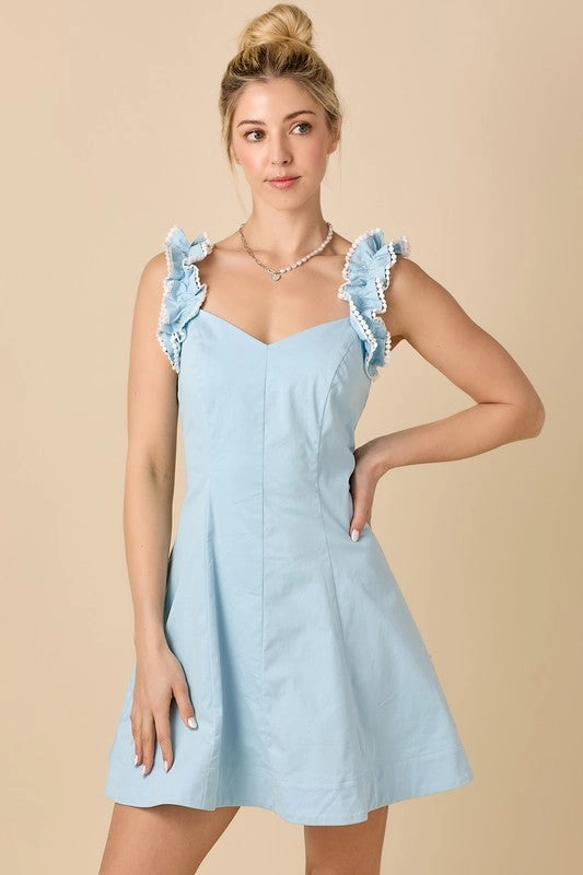 V-Neckline Fit And Flare Mini Dress With Ruffle