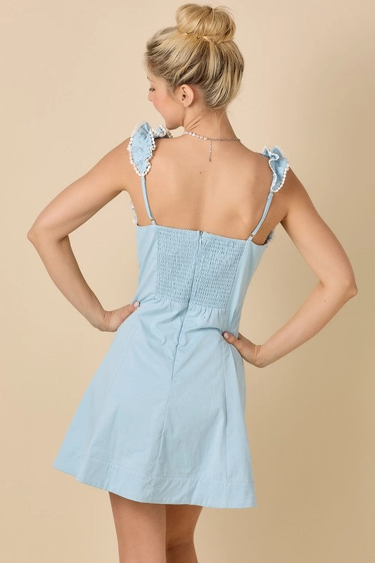 V-Neckline Fit And Flare Mini Dress With Ruffle