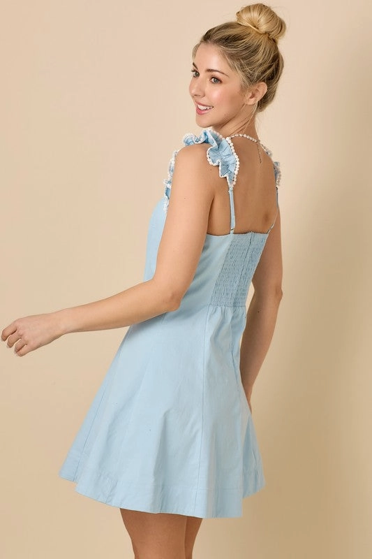 V-Neckline Fit And Flare Mini Dress With Ruffle