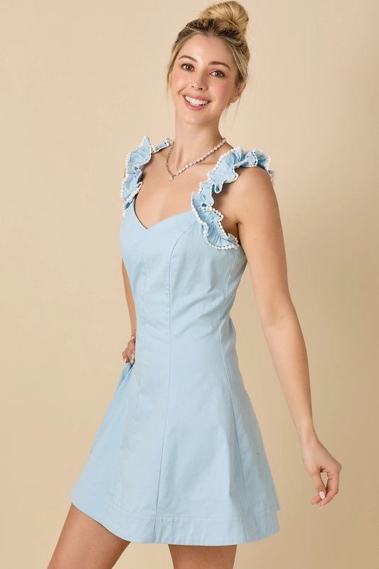 V-Neckline Fit And Flare Mini Dress With Ruffle