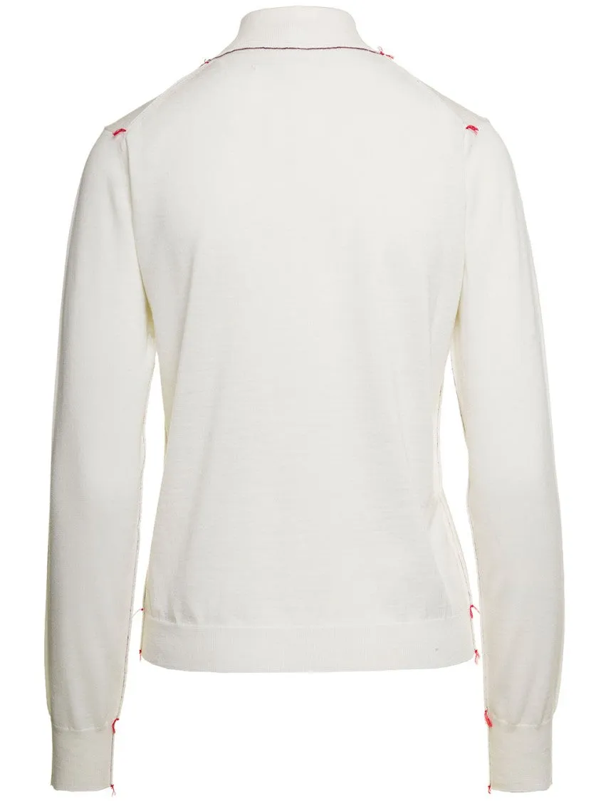 White High Neck Sweater With Contrasting Stitching In Wool