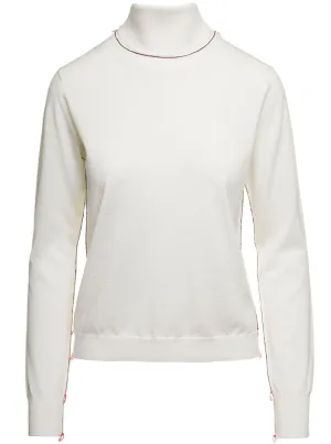 White High Neck Sweater With Contrasting Stitching In Wool