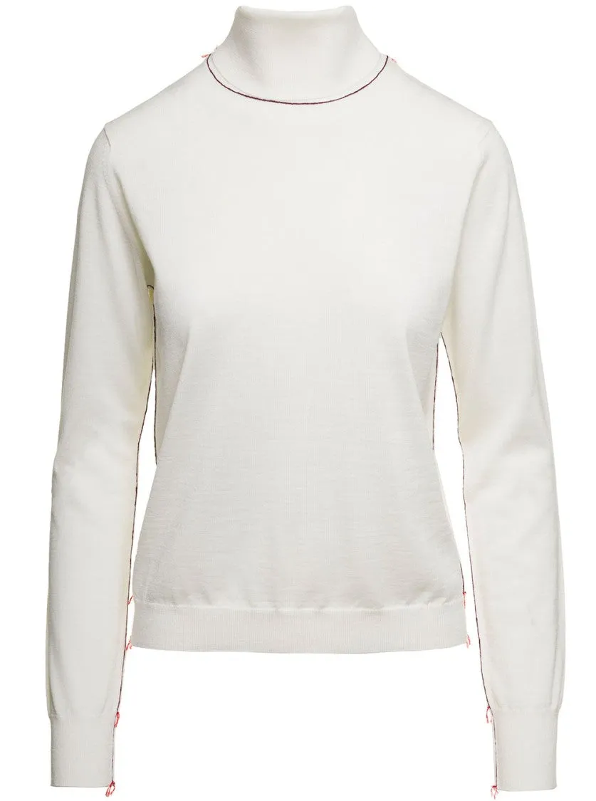 White High Neck Sweater With Contrasting Stitching In Wool