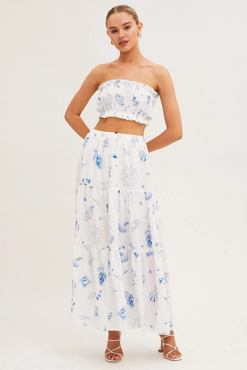 White Abstract Bandeau Top Shirred Print