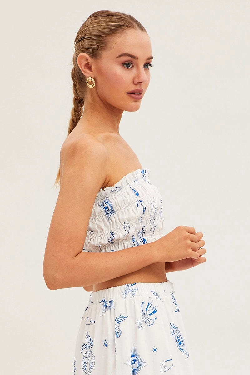 White Abstract Bandeau Top Shirred Print