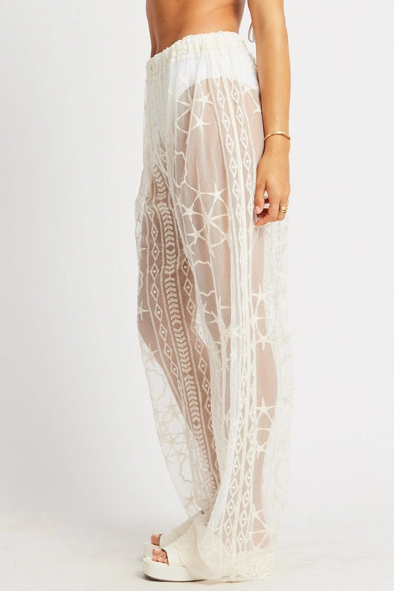 White Embroidery Beach Pants