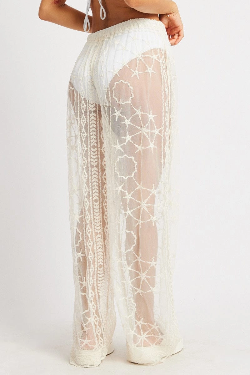 White Embroidery Beach Pants